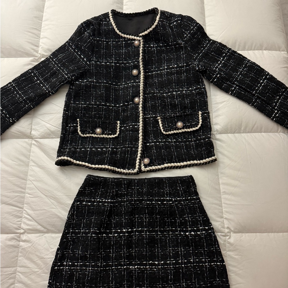 Black and White Tweed Blazer Set